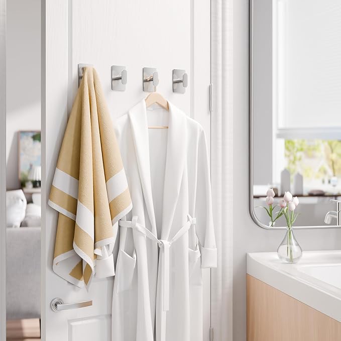 pickpiff Adhesive Towel Hooks for Bathroom: 20LB Extra Strong Wall Hanger for Shower Kitchen RV Dorm Apartment, Silver 8 Pack