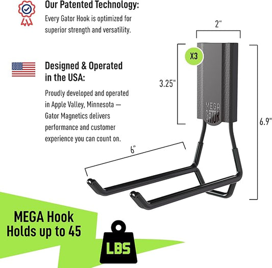 GATOR MAGNETICS MEGA 6 in Open Hooks, 45 lb Heavy Duty Magnetic Hooks for Steel Surfaces, Patented Easy-Release, Non-Slip Grip – Storage & Organization, Garage, Home Tools & Gear Storage – 3 Pack