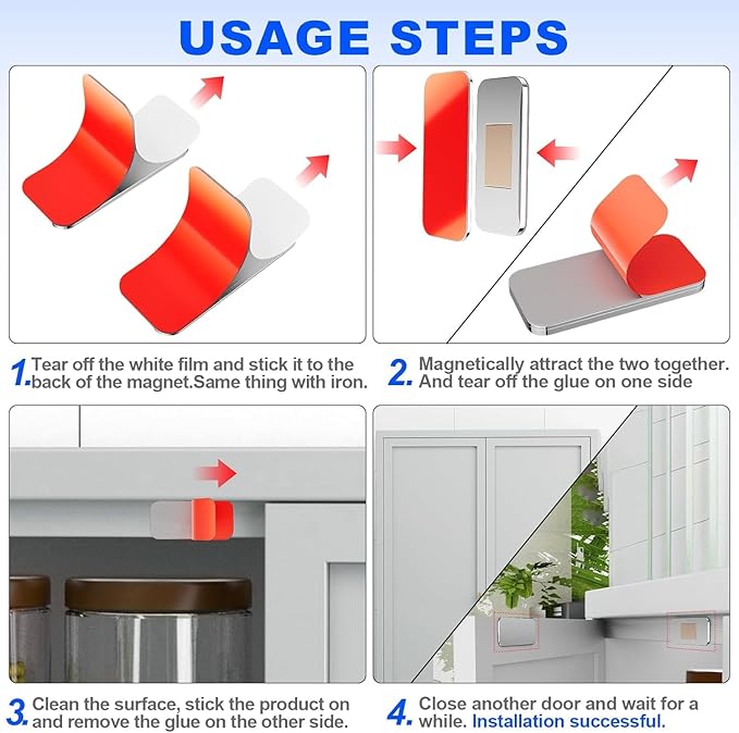 No Drill Magnetic Cabinet Door Catch with Adhesive โ Stainless Steel, Strong Hold Child Safety Lock for Kitchen Cabinets, Bathroom, RV โ Drawer Magnets 1.57โ x 0.79โ 4 Pack