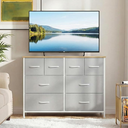 DUMOS TV Stand, Dresser with 8 Fabric Drawers, Spacious Storage Tower for Closet, TV Stand with Wood Top and Mental Frame, Storage Unit for Living Rooms, Bedroom and Entryway, Light Grey