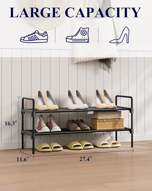 Kitsure Shoe Rack - 2-Tier Long Shoe Organizer with Handles & Non-Slip Feet, Rust-Resistant Metal Shoe Rack for Closet, Entryway, Bedroom, Living Room, 27.4" Wide - 2 Tiers, Black
