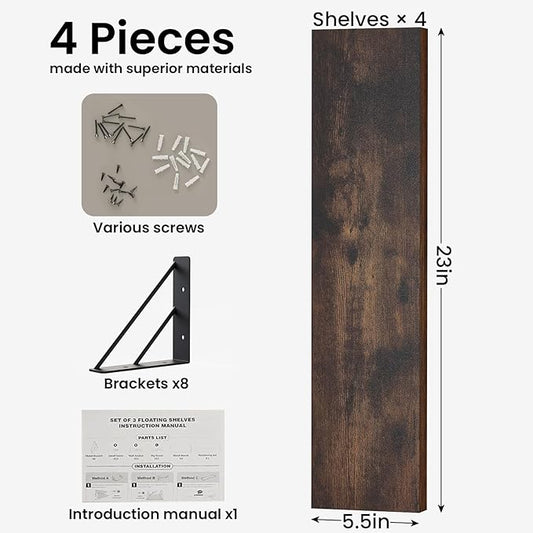 BAYKA Wall Shelves for Bedroom Decor, Floating Shelves for Wall, Display Mounted Rustic Wood Shelf for Books,Plants,Corner Shelves for Bathroom,Kitchen,Living Room(Rustic Brown,23in,Set of 4)