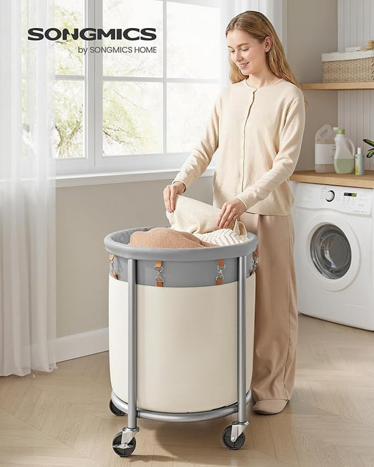 SONGMICS 29-Gallon (110 L) Laundry Basket with Wheels, Rolling Round Heavy-Duty Laundry Hamper Cart with Steel Frame and Removable Bag, 2 Locking Wheels, Dove Gray and Cream White URLS002GD02