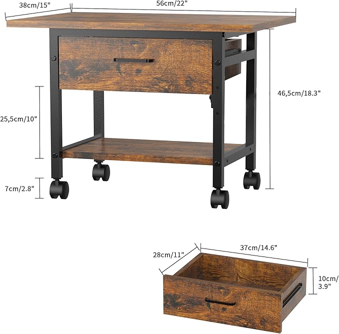 Aetheris Heavy-Duty Printer Stand with Locking Wheels, 2 -Tier Under Desk Table with Storage Drawer, Large Rolling Cart, Printer Table, Fits Printer Scanner Fax Machine, 22" x 15" x 18.3", Brown