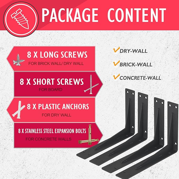 CLT 24” Black Shelf Bracket, 1/5" Thick – Heavy Duty Corner Brace, Supports 550 lbs, Industrial Modern Farmhouse Style – Right Angle Bracket for Tables, Benches, DIY Space-Saving Projects (Pack of 4)