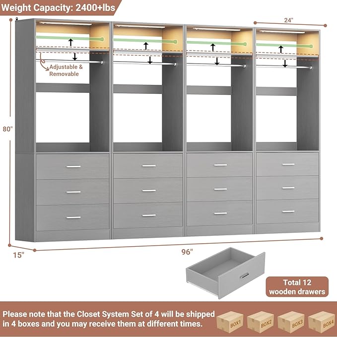 8FT Closet System with 4 Motion Sensor LED Lights, 96" Closet Systems with 12 Drawers, Closet Organizer System with 4 Hanging Rods & 4 Shelves, Heavy Duty 96 Inch Walk-in Closet, Grey