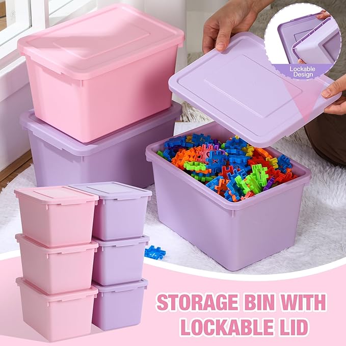 6 Pack Cute Plastic Storage Bins with Lids Decorative Stackable Storage Boxes 9.8" ×7.3" ×5.7" Small Storing Totes for Organizing Craft Office Supplies (Pink,Purple)