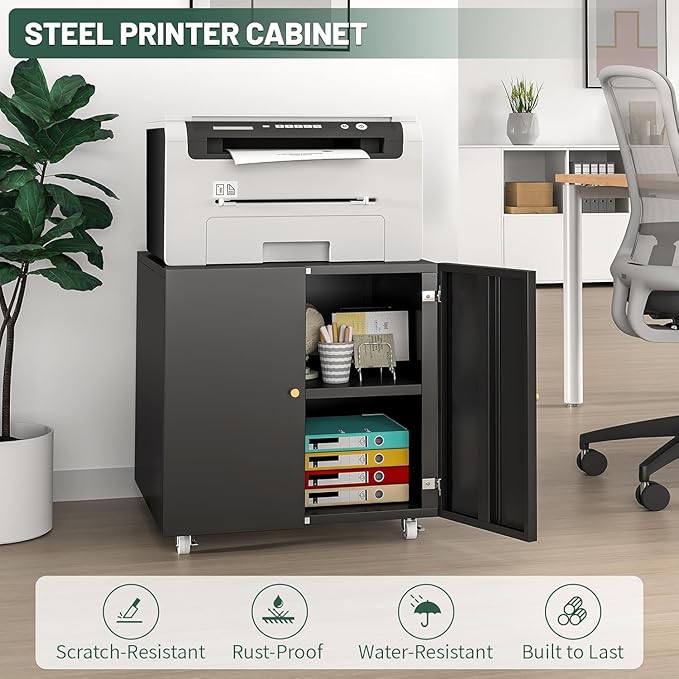 Printer Stand with Storage Cabinet with Wheels,3D Heavy Duty Metal Large Printer Table with Adjustable Shelf for Home Office, Mobile Printer Cart,Black,23.6" H