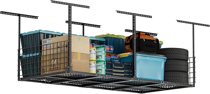 GIOTORENT Garage Ceiling Storage Racks, 96" W x 48" D x 22-42" H Overhead Garage Storage Rack, Heavy-Duty Carbon-Steel 700lbs Rating, Adjustable Mounted Rack System with Side Guards
