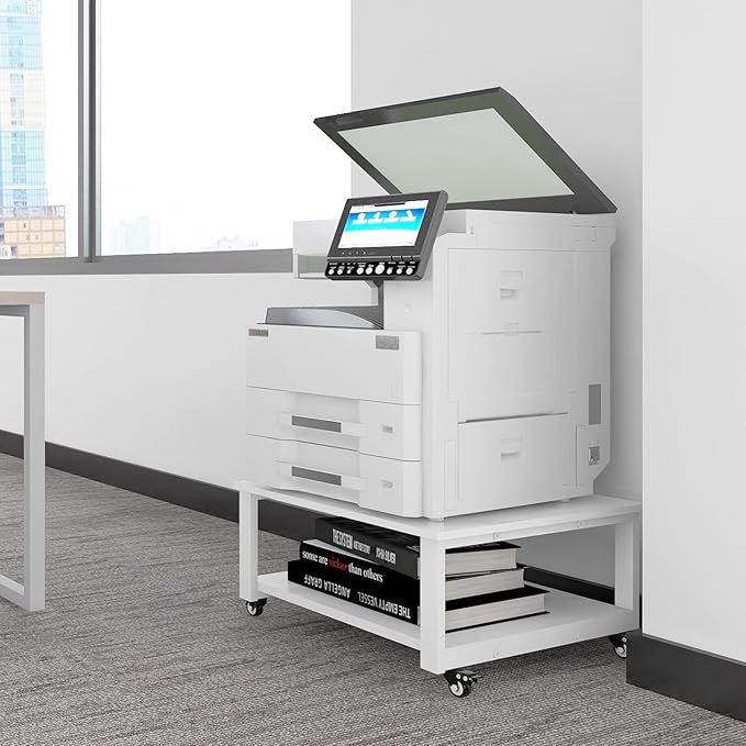 Natwind 2 Tier Laser Printer Stand,23.6''x23.6'' Large Printer Table,Copier Stand with Wheels, Heavy Duty Rolling Printer Cart with Paper Storage Shelf for Home Office (White)