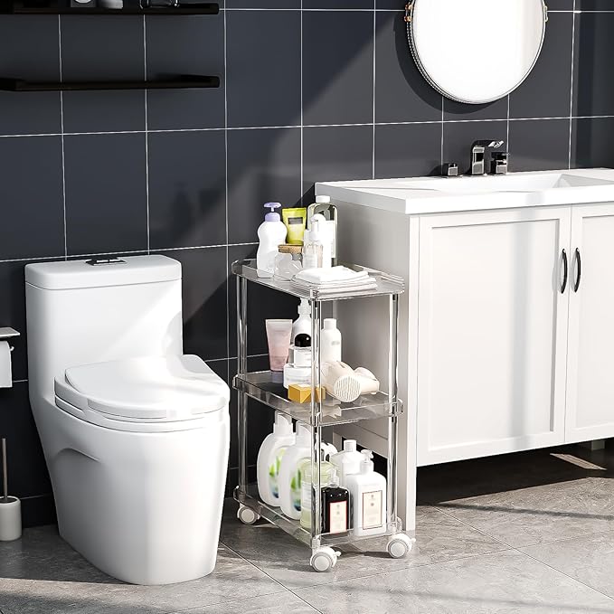 Aquiver Acrylic Slim Storage Cart - 3 Tier Utility Rolling Cart - for Kitchen, Bathroom, Living Room, Laundry, Narrow Places - 15.6'' L x 8.7'' W x 23.6'' H