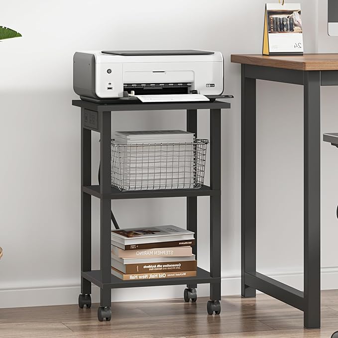 TUTOTAK 3 Tier Printer Stand, Rolling Printer Cart with Power Outlets and USB Ports, Mobile Printer Table with Wheels, for Under Desk, Office, Home, Greige PS02BK001