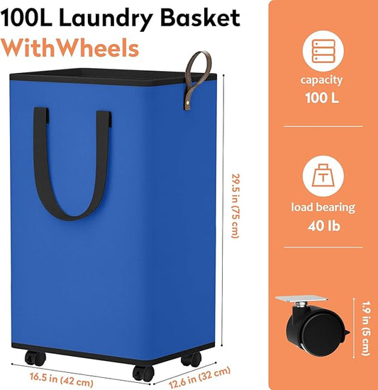 Laundry Basket with Wheels, Collapsible Laundry Baskets, Laundry Hamper with Handles Detachable Wheels, Rolling Laundry Basket, Dirty Clothes Hamper for Bathroom, Dorm, Bedroom, Blue, 100L