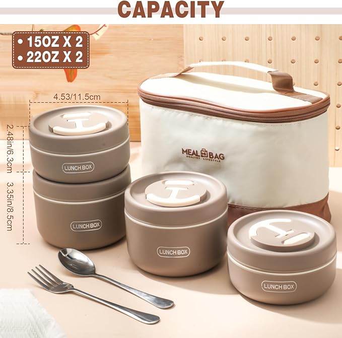 Dandat 4 Pcs Insulated Bento Box Portable Stainless Steel Food Container Round Stackable Leakproof Thermal Food Container for Adult Men Women with Insulated Bag, 74 oz(Khaki)