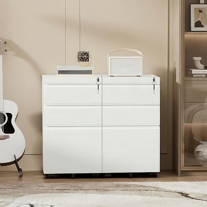 Bonusall Fully Assembled 3-Drawer Metal File Cabinet with Lock - Mobile Under Desk Filing Cabinet for Legal/Letter/A4 Size, Anti-Tilt Mechanism, Pre-Installed Office Storage, White