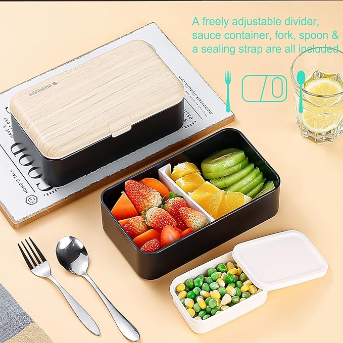 Original Bento Box Lunch Box Japanese Style 2 Layer Food Containers with Utensils Spoon and Fork Bundle Divider Salad Box for Men Women (Black)
