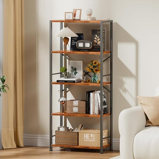 Furologee 5 Tier Book Shelf, Tall Wide Bookshelf, Industrial Open Bookcase, Display Shelves Storage Organizer, Shelving Unit for Living Room, Home Office, Bedroom, Rustic Brown