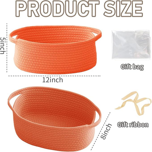Woven Basket,Small Rope Storage Bin with Handles & Ribbon Bag, Organizer for Shelves Closets,Gift Basket Empty for Birthday,Books,Dog Toys,Orange