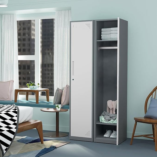 Metal Locker for Home, Dressing Room, 71" Steel Storage Lockers for Employees, Lockable Locker Cabinet with 1 Door (Grey White)