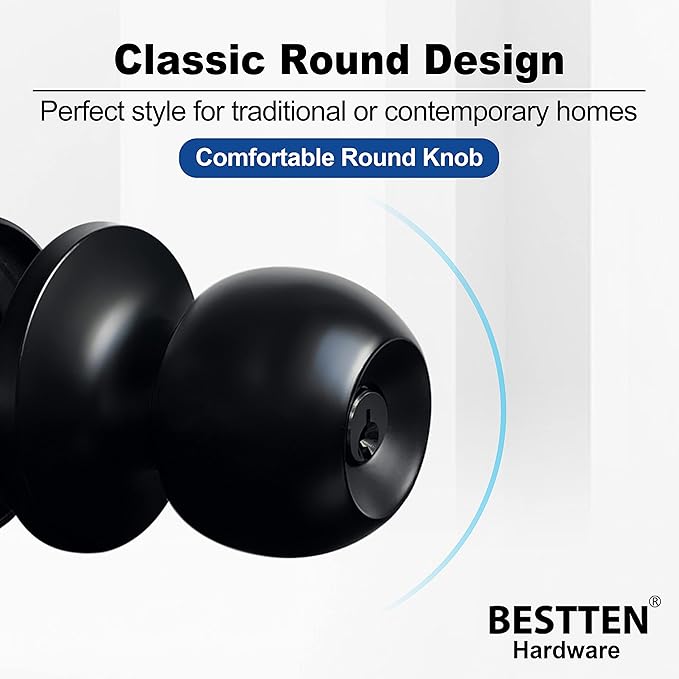 BESTTEN Keyed Entry Door Knob, Entrance Door Lock, Standard Ball, All Metal, Matte Black
