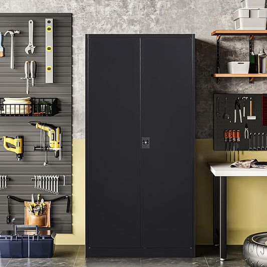 Metal Storage Cabinet with 2 Doors and 4 Adjustable Shelves, 71'' Steel Garage Cabinet, Locking Tool Cabinets for Office, Home,School,Kitchen,Garage Utility Black
