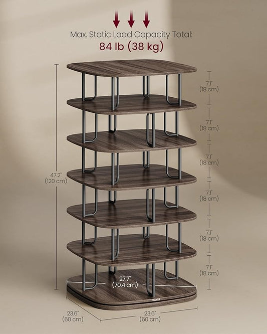 VASAGLE 7-Tier Shoe Rack, Rotating Shoe Rack Tower, Shoe Closet Organizer, Shoe Shelf, 28-35 Pairs, 23.6 x 23.6 x 47.2 Inches, for Entryway, Living Room, Closet, Ink Black and Ash Brown ULBS041B01