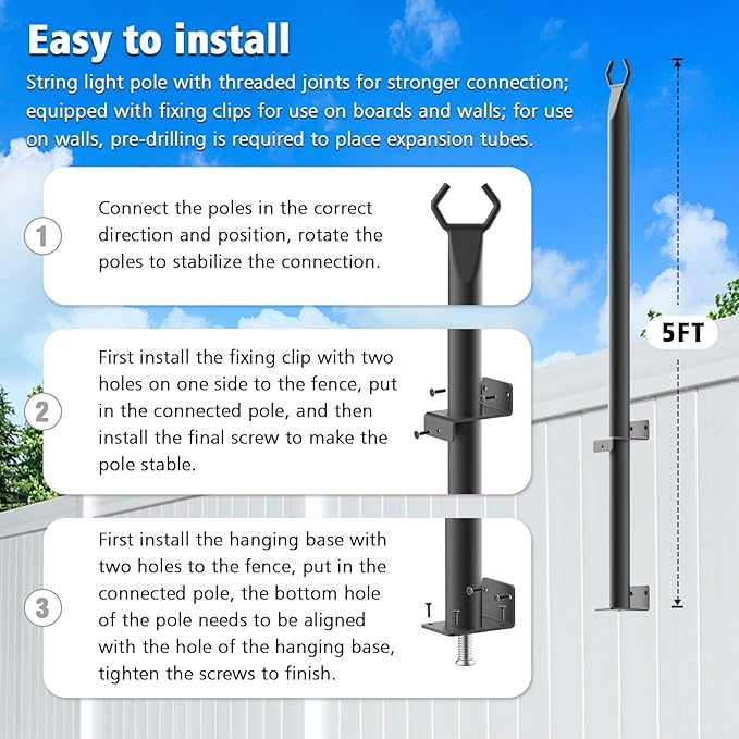 AILBTON 4.8Ft String Light Poles 6 Pack,Light Poles for Outside Lights,Outdoor with Fence Brackets Hanging Lights,Metal Stand Deck Patio Backyard
