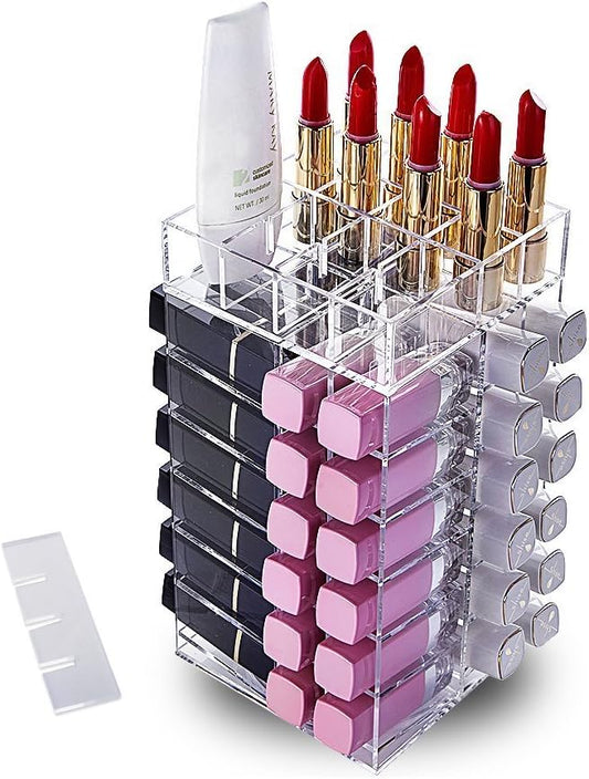 HBlife Lipstick Holder, Acrylic Rotating 64 Lipstick Tower Organizer Spinning Lipgloss Holder with Removable Dividers