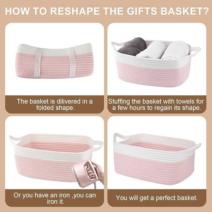 OIAHOMY Woven Basket, Gift Basket Empty with Gift Bags and Ribbons, Rope Baskets for Baby Showers, Storage Baskets with Handles for Nursery, Pet Toy Organizer - Pink & White