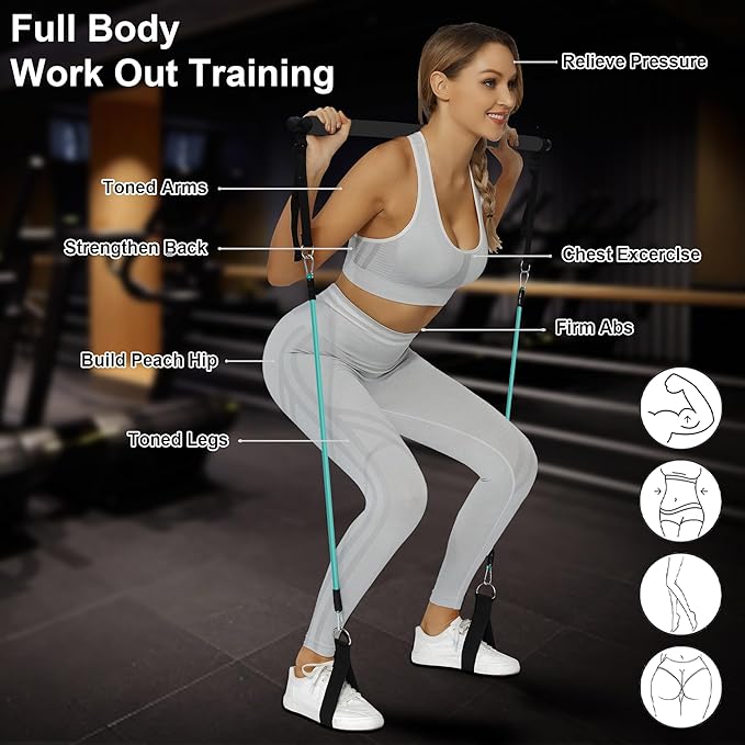 Portable Pilates Bar Kit with Resistance Bands for Men and Women - 3 Set Exercise Resistance Bands - Multifunctional Home Gym - Supports Full-Body Workouts โ with Fitness Poster and Video