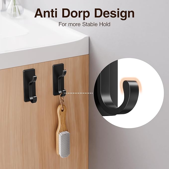 pickpiff Wall Hooks with Adhesive Strip - Easy to Remove, No Residue, Strong Heavy Duty Sticky Towel Hook, 4 Pack Black