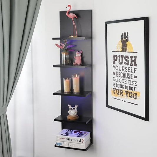 5 Tier Wall Shelf Unit, RGB Lack Shelf, Vanity Shelves with Light,Black Shelves for Room,Office,Bathroom,Remote Control