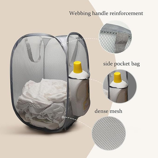 The upgraded pop-up laundry basket features a breathable side pocket mesh design, making it ideal for rooms, apartments, dormitories, travel, business trips, and children's storage(2, Gray)