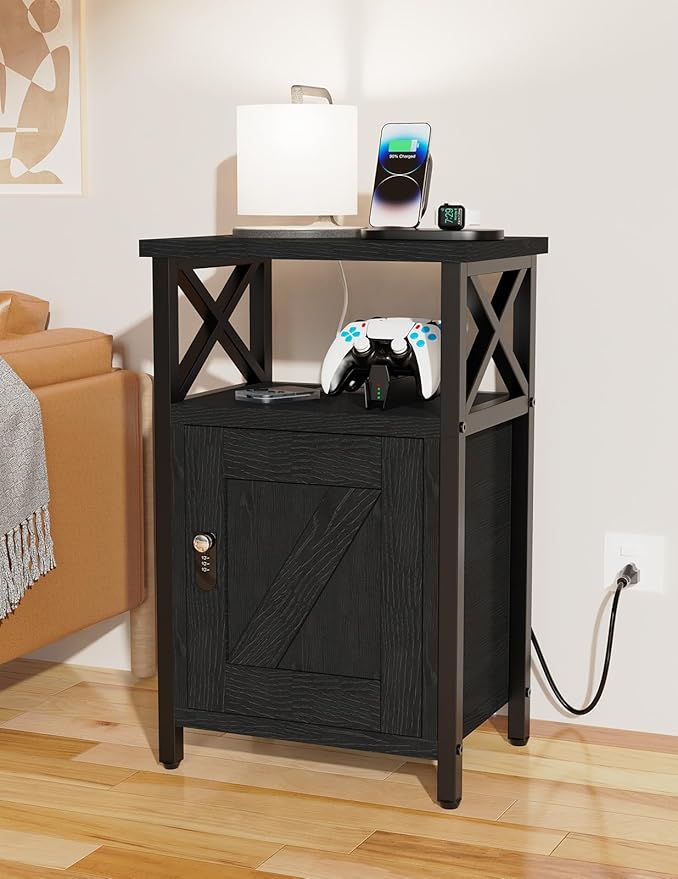 Wooden Nightstand with Charging Station, Bed Side Table with Drawers, Bedside Table with Lock, 3 USB & 2 Outlets, Night Stand with Cabinet Storage, End Table for Bedroom, Black