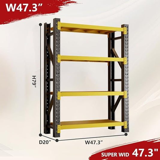 4000lbs Garage Shelving Heavy Duty, 4-Tier Metal Adjustable Garage Shelves, Storage Shelves for Warehouse, Pantry, Basement, 47.3" W X 20" D X 79" H (Black+Yellow, 47.3x20x79)
