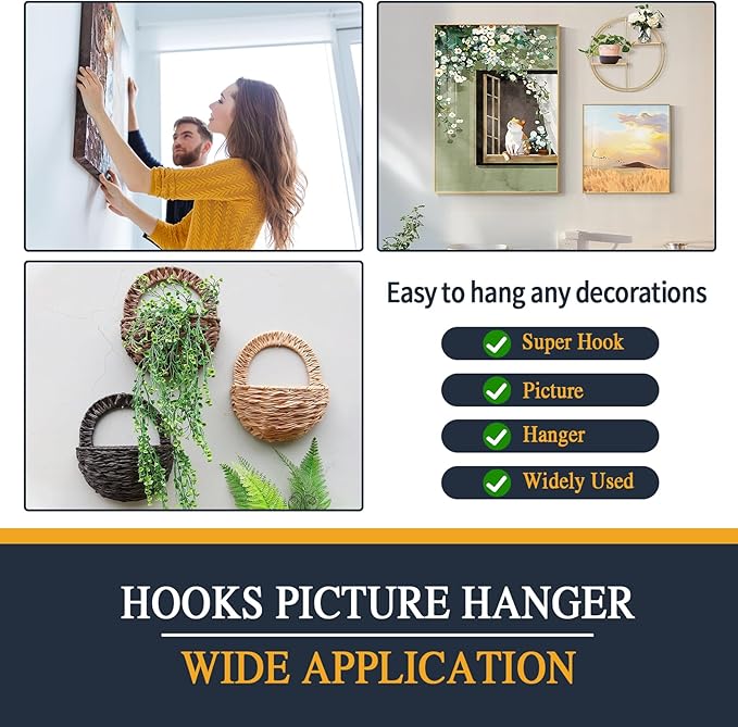 Picture Hanger Super Hook 40PCS,High-Quality Steel Picture Hanger Hercules Hooks,Used for Drywall, Wood Wall, Plaster Wall, can Hang Photos, Art, Clock, Mirror