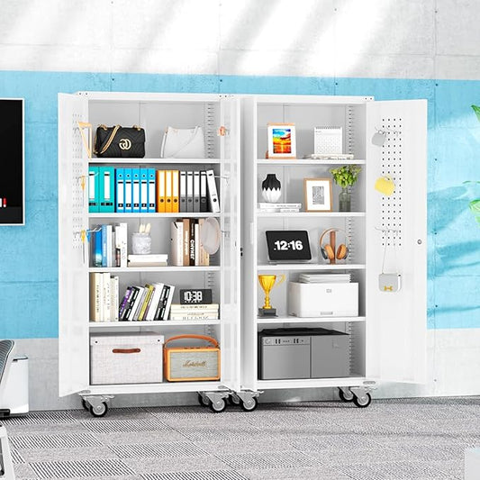 INTERGREAT Metal Garage Storage Cabinets, Lockable Rolling Tool Cabinet with Pegboard and Shelves, 75" Tall Heavy-Duty File Cabinet with Wheels for Garage, Basement, Warehouse, White