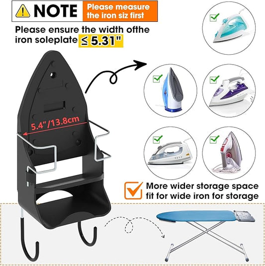 Wall Mount Iron,Ironing Board Hanger for Household Bathroom and Laundry Room, Electric Iron Holder with Hook-for Max 5.4" (Black)