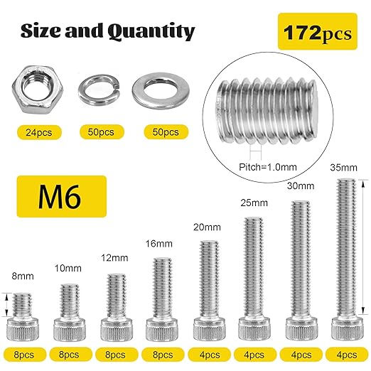 172pcs M6 Screws Assortment kit, M6x8/10/12/16/20/25/30/35 mm Hex Socket Head Bolts Assorted Kit, 304 Stainless Steel Screw Set with Nuts, Flat & Lock Washers