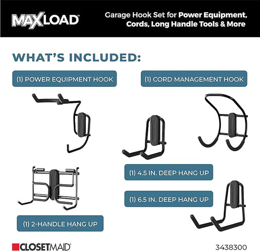 ClosetMaid MaxLoad 5-Pack Garage Hooks & Hangers Wall Mount Heavy Duty Storage for Cords, Power Equipment, Long Handle Tools, Cords, Hoses, Shovels, Black