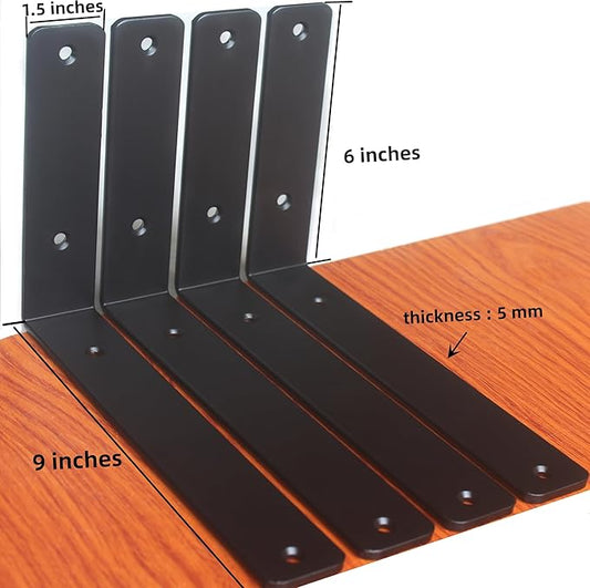 10 Pack - L 9" x H 6" x W1.5, 5mm Thick Black L Shelf Bracket, Iron Shelf Brackets, Metal Shelf Brackets, Floating Shelf, Shelf Supports with Screws