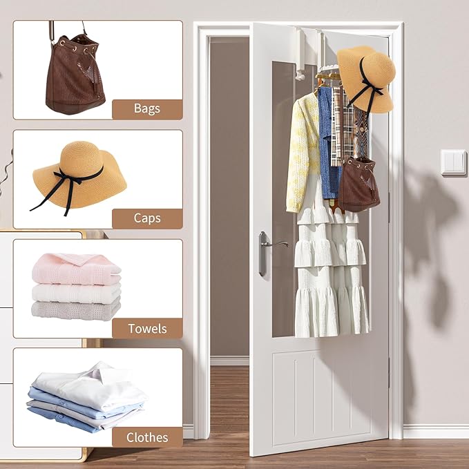 Over The Door Drying Rack, Foldable Portable Over The Door Hooks Hanger with Retractable Hanging Rod, Over The Door Clothes Drying Rack Equipped with Non-Slip Pads for Door Protecter (2, Milky White)