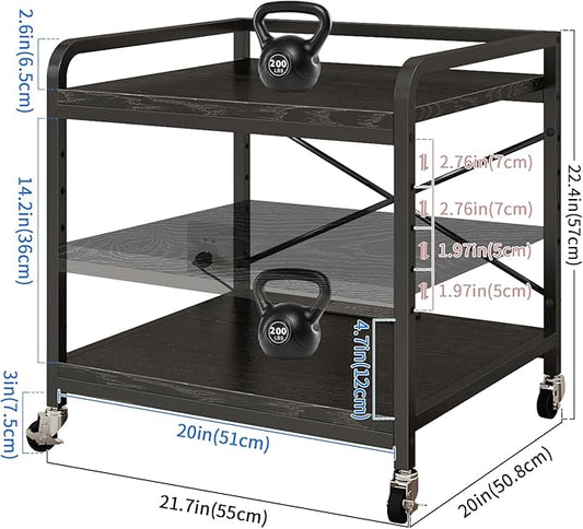 Under Desk Printer Stand with Power Outlet Large Printer Table with Adjustable Shelf,Industrial Wheels, 20 Inches Deep 2 Tier Rolling Printer Cart for Home Office, Black