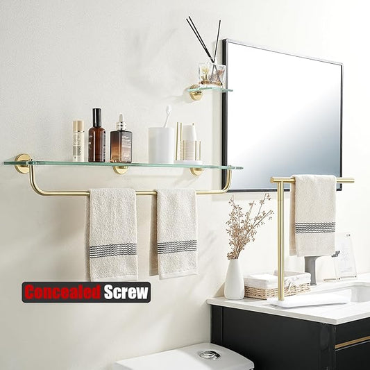 JQK Bathroom Glass Shelf, Shelf with 29 Inch Towel Bar Tempered Glass Shower Storage 30 by 5 inches, 304 Stainless Steel Brushed Gold Wall Mount, TGS100L30-BG