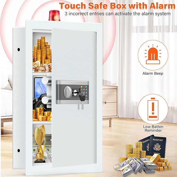 25.6" Tall Fireproof Wall Safes Between the Studs 16" Centers, Hidden Wall Safe with 2 Removable Shelf & Hidden Tray, Heavy Duty Wall Mount Safe for Money, Jewelry, Passport, Valuables(White)