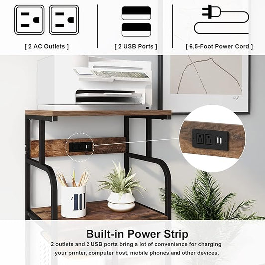 VEDECASA Large Printer Stand Cart with Charging Station USB Port 21.2"x15.7"x42.3" Rolling Tall 3-Tier Printer Stand with Adjustable Shelf Storage Home Office