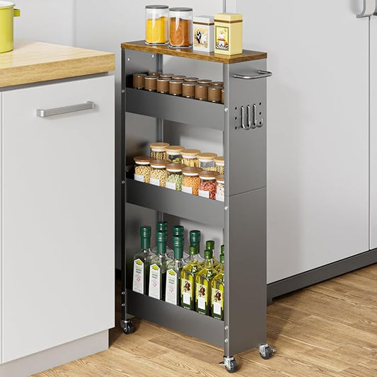 Slim Storage Cart, 4 Tier Rolling Kitchen Cart on Wheels for Small Space, Narrow Laundry Bathroom Organizers Mobile Shelving Unit Metal Utility Cart with Handle, 5.9in Width, Gray