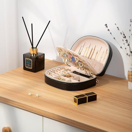 ProCase Travel Size Jewelry Box, Medium Portable Seashell-Shaped Jewelry Case, 2 Layer Jewelry Organizer in PU Leather for Women -Black