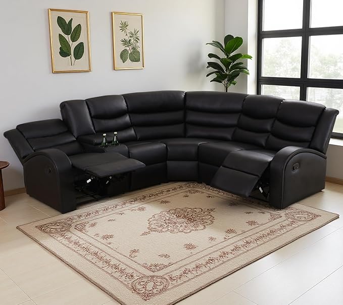 Living Room Furniture Set, Black Faux Leather Manual Reclining L-Shaped Sectional Sofa Set with Center Console & Cup Holders, 5-Seater Corner Sofa for Living Room & Home Theater