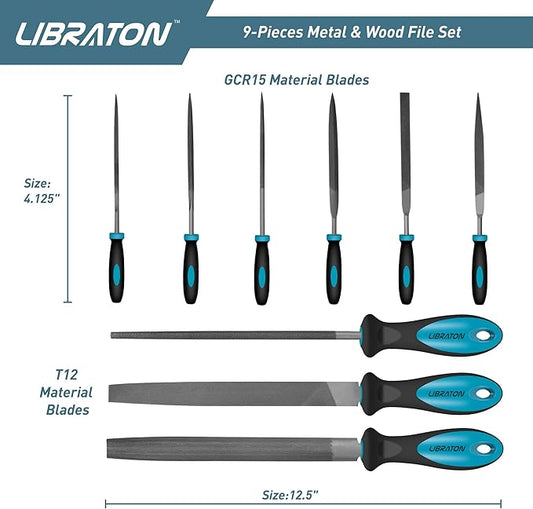 LIBRATON Metal Files - 9pc Set, Needle, Flat, Round, Half-Round Files for Metal & Woodworking